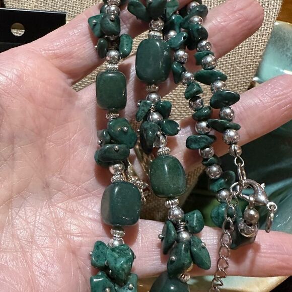 Natural Stone Green Malachite Artisan Beaded 18” Necklace + Earrings - Picture 2 of 4